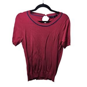 Van Heusen Woman Red Navy Trim Short Sleeve Knit Sweater Top M